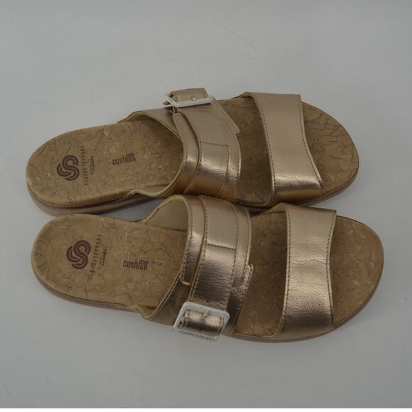 Cloudsteppers Clarks Size 9 June Tide Gold Metallic Slides - Picture 13 of 14